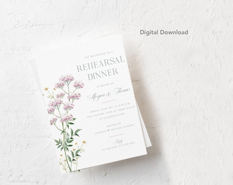 BEWERKBARE, repetitie diner uitnodigen, DOWNLOAD, afdrukbare, Wildflower, tuin, etentje, bruiloft, bloemen, douche, bruids, paars, geel