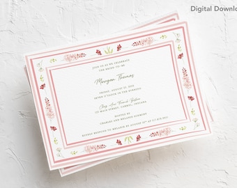 BEWERKBARE, bruids douche uitnodigen, DOWNLOAD, afdrukbare, Wildflower, tuin, partij, bruiloft, bloemen, horizontaal, roze, groen, vrouwelijk, grens