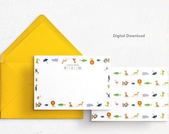 BEWERKBARE Animal Note Card, Digitale Download, Afdrukbaar, Gepersonaliseerd, Briefpapier, Leeuw, Cheetah, Flamingo, Dierentuin, Vis, Zebra, Zee, Papegaai