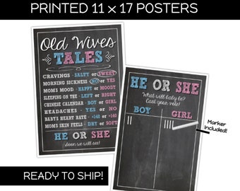 Old Wives Tales & Cast Your Vote [Ready to Ship] Posters for Gender Reveal Party + White Chalk Writer - 11x17 Printed Posters