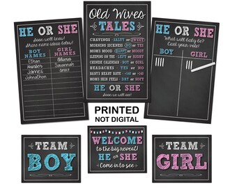 PRINTED Gender Reveal Party Old Wives Tales & Cast Your Vote Posters - Ready to Ship- for Baby Reveal Party - 6 prints + White Chalk Writer