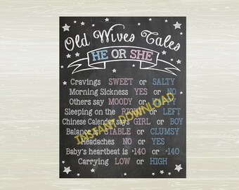INSTANT DOWNLOAD- Chalkboard Style Gender Reveal Poster; Old Wives Tales Poster