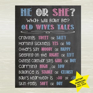 Chalkboard Style Gender Reveal Poster Old Wives Tales Poster Nursery Wall Art, INSTANT download image 1