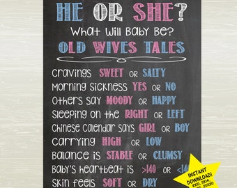 Chalkboard Style Gender Reveal Poster; Old Wives Tales Poster ; Nursery Wall Art, INSTANT download
