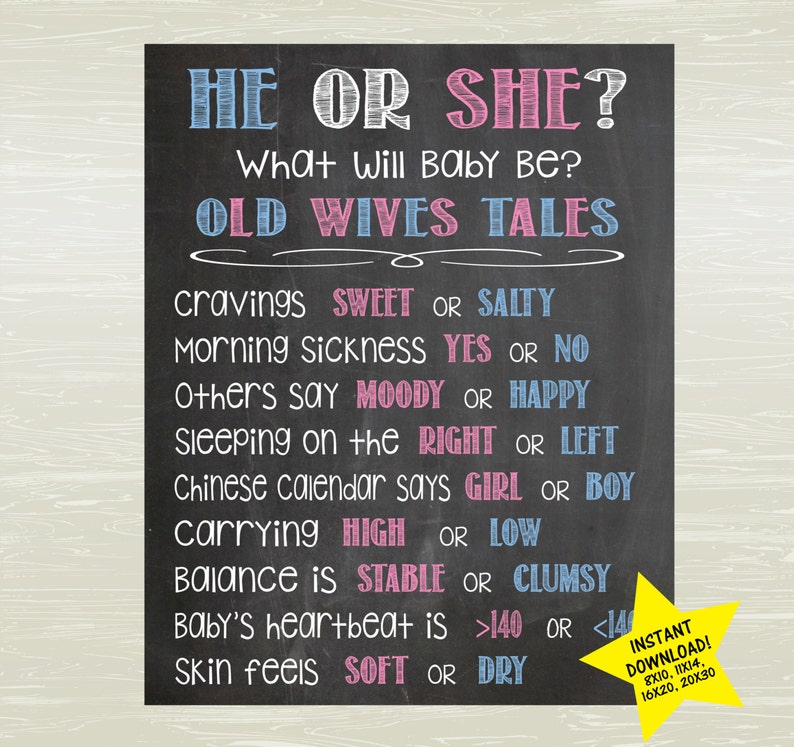 Chalkboard Style Gender Reveal Poster Old Wives Tales Poster Nursery Wall Art, INSTANT download image 1