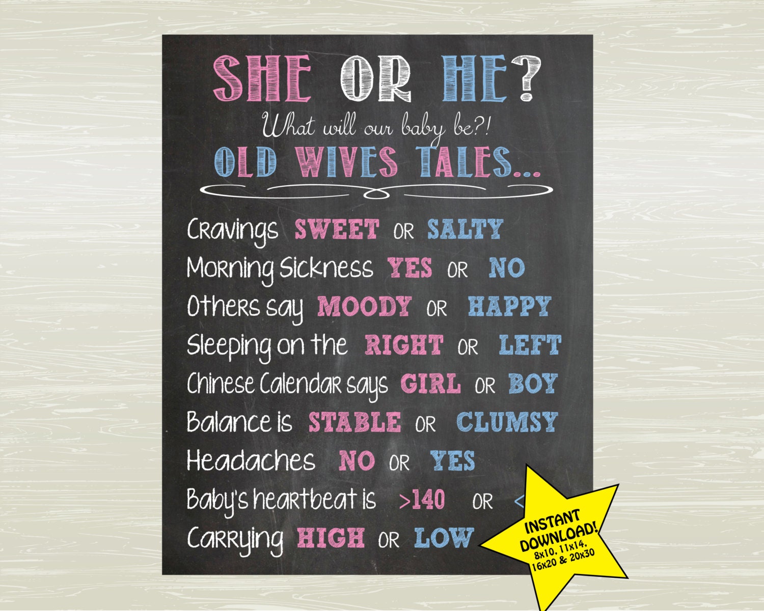 INSTANT DOWNLOAD- Chalkboard Style Gender Reveal Poster; Old Wives Ta…