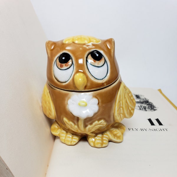 1960's "Fridge Fresh", Yellow & Brown Glazed Ceramic Owl, Josef Originals/Korea Stickers, Refrigerator Freshener, Collectible 2 Pc Container