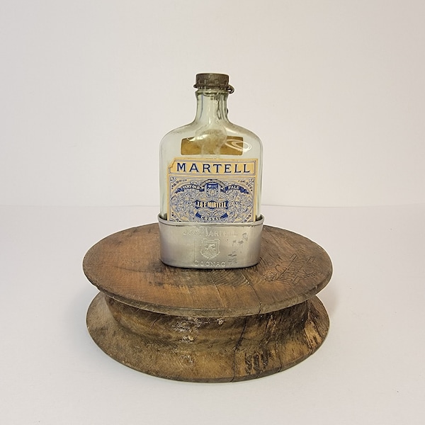 Antique 1920s MARTELL Cognac Hip Flask Bottle, Embossed Aluminum Metal Holder Used as Sipping Cup, Collectible Barware, Contains NO Cognac