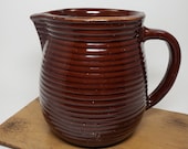 Western Stoneware Monmouth, IL Pottery Pitcher Jug, Ribbed Beehive Design, Maple Leaf Mark, Glazed Brown Stoneware Milk Pitcher