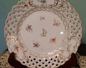 Scattered Flowers, MEISSEN Dresden, Richard Klemm, Antique Porcelain China Plate, Reticulated, Pierced Rim, Gold Trim, Made in Germany