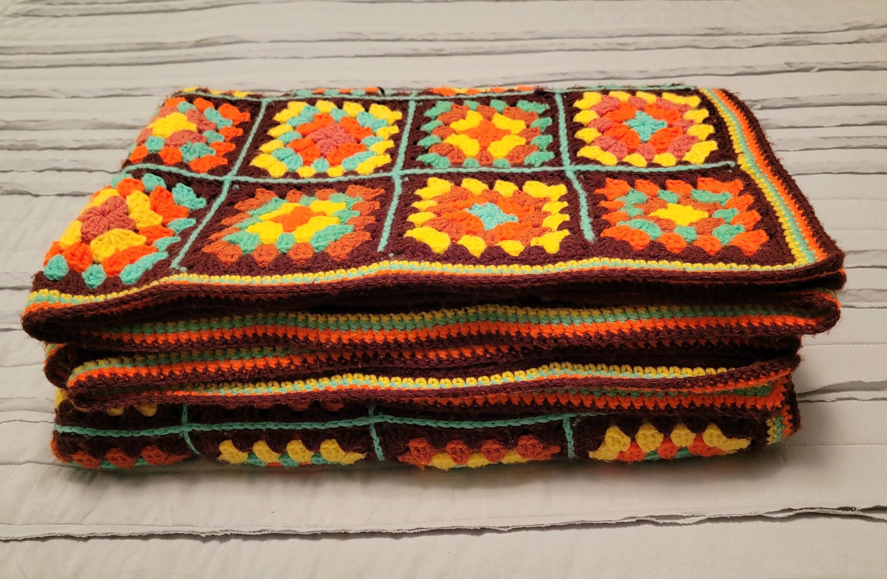 Retro Vintage 1960-70s, Classic Granny Square Afghan Blanket, Bold