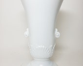 Vintage 1930 39 s Vitrock, Fire King, Hocking Glass Co, White Milk Glass Urn Vase, Nouveau Shell Pattern, Small Curved Handles, Art Deco Style