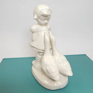 Vintage Goose Girl Figurine, Creamy White Ceramic Pottery, 1940s Hummel Inspired, Stamped Japan, Collectible