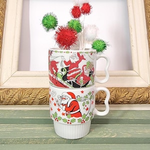 Vintage Retro 1960-70s, Nostalgic Set of 2 Stacking Mugs, Hot Cocoa Cups, 8oz, Santa Sleigh-Santa & Angel, Holiday Kitsch, Japan