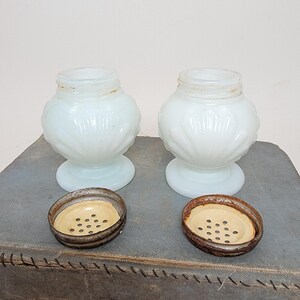 May include: Two antique white glass salt and pepper shakers with decorative floral patterns. The shakers have a bulbous shape and sit on a round base. The metal lids are rusty and have small holes.