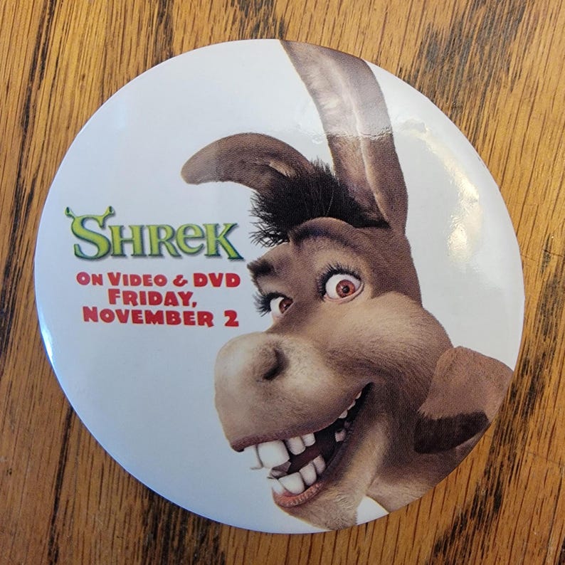Shrek Button Vintage 2001 Dreamworks SHREK, Animated Fantasy Comedy, Video DVD ...