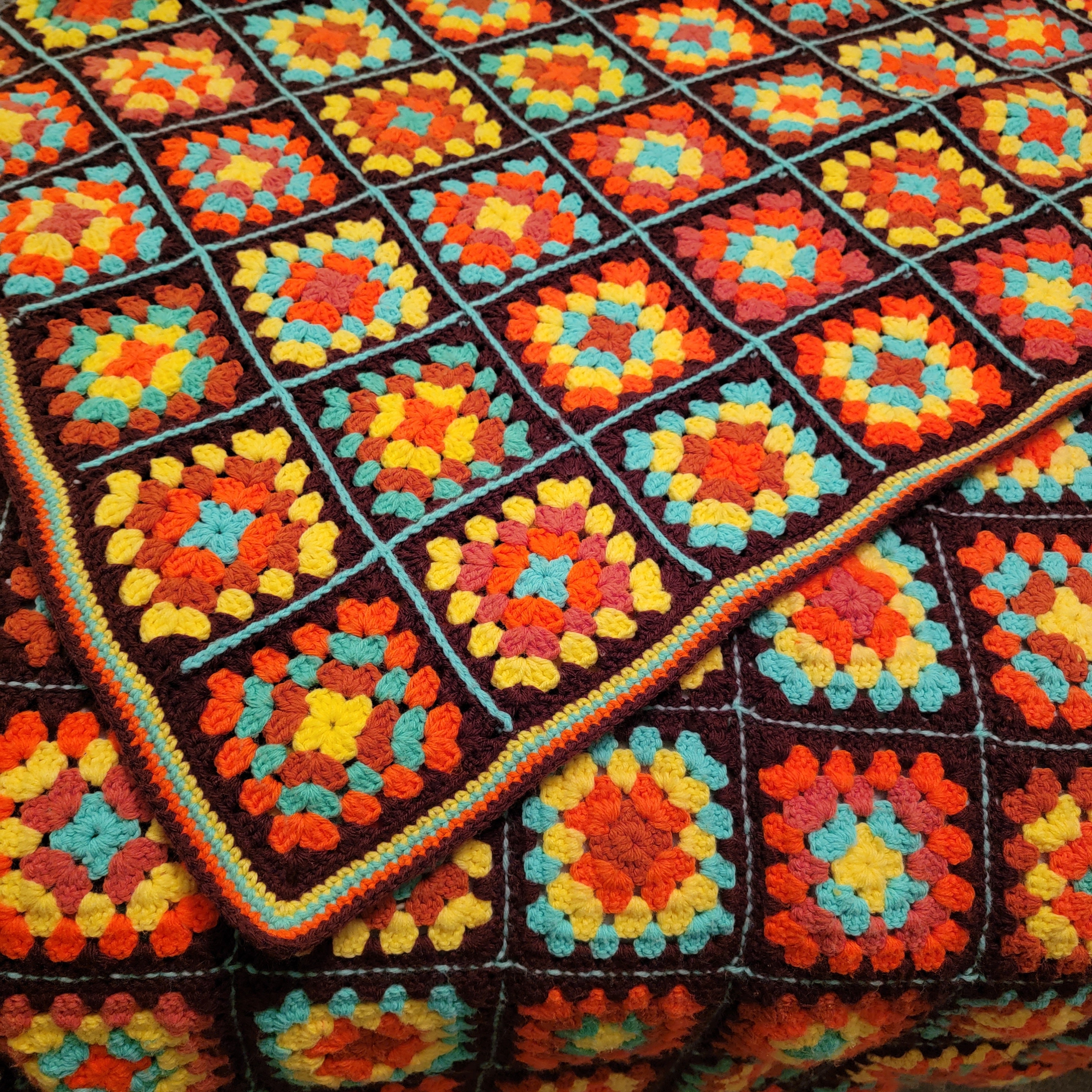 Retro Vintage 1960-70s, Classic Granny Square Afghan Blanket, Bold