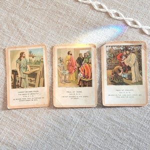 Antique 1893, Three Little Bible Cards, Lesson Pictures, Religious Ephemera, Colorful Bible Lithographs by Harris Jones & Co-Providence, RI