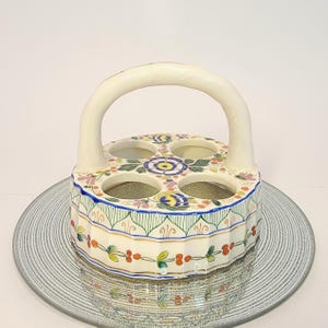 Antique Porcelain, Round 4 Hole Egg Cup Holder, Victorian Egg Stand, Breakfast Serving Caddy, English Floral Pattern w/Gold Gilt Outline