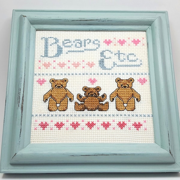 Bears Etc Finished Cross Stitch Picture, Cross Stitched, Chalk Painted Wood Frame, Nursery Decor, Kids Bedroom Decor, Teddy Bear Collector