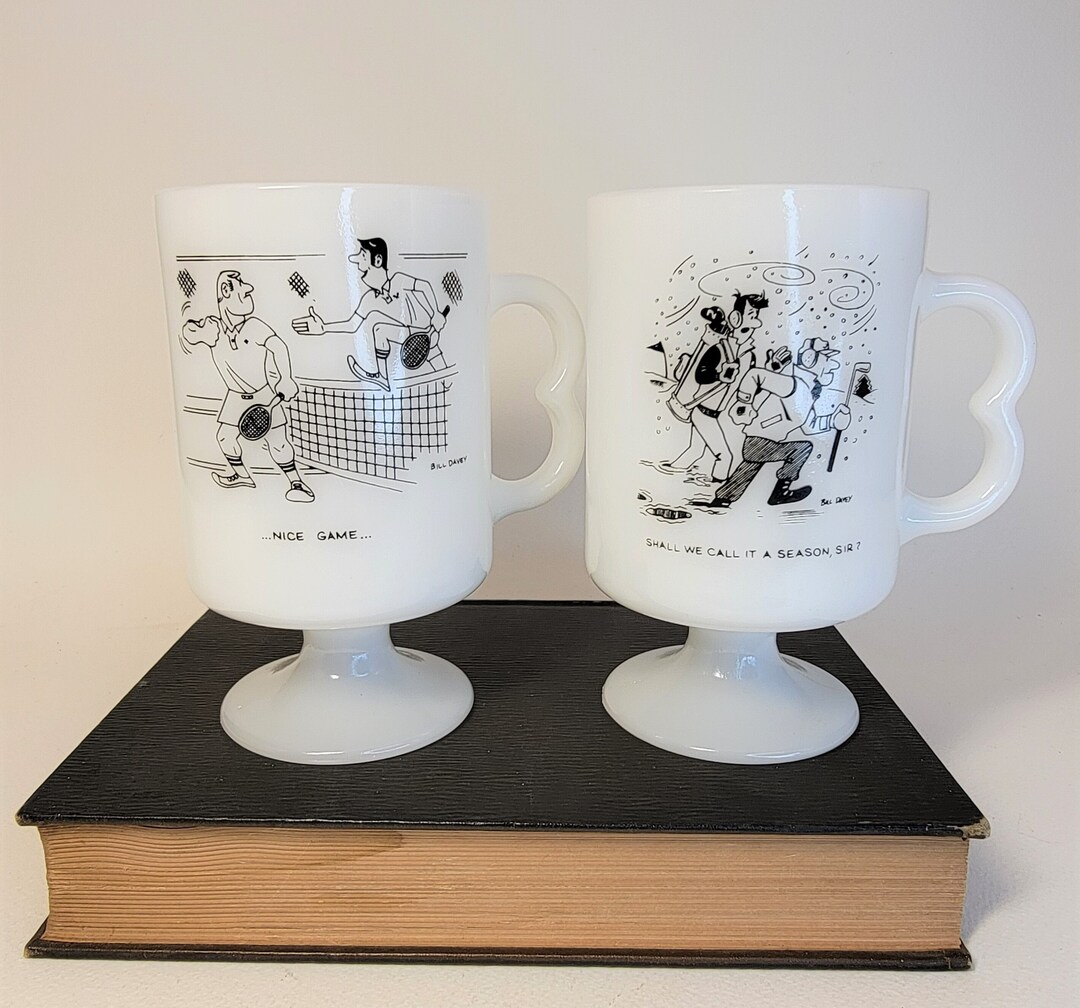 Retro White Milk Glass, Coffee Cups, Bill Davey Golf/tennis Cartoon