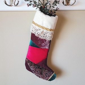 Vintage Crazy Quilt Style, Lined Christmas Stocking, Velvet & Corduroy, Ivory Felt and Crochet Cuff w/Gold Trim