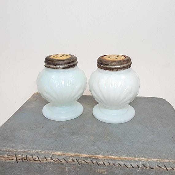 Antique Turn-of-the-Century Opalescent Milk Glass, Salt & Pepper Shaker Set, Blue Hue, Orb Shaped Shell Design, Pedestal Base, Original Lids