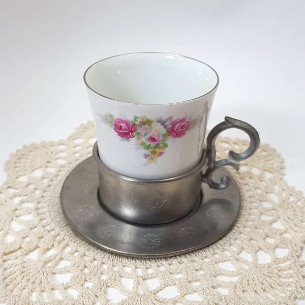 Alwe Zinn 92% Pewter Cup Holder with Handle & Saucer, China Floral Cup, Pink Roses, Stamped Flower Design on Saucer Rim, Silver Trim on Cup