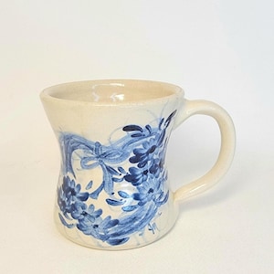 Vintage Casey Pottery Coffee Mug, Salt Glazed, Cobalt Blue Floral Heart Wreath, Hourglass Shape, Handmade in USA-Marshall, TX