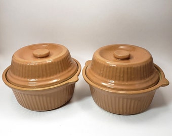 Vintage Set of 2-USA Pottery Stoneware Ribbed Baking Dishes, High Domed Lids, Single Serve Size, Caramel Glaze, Unmarked McCoy Earthenware