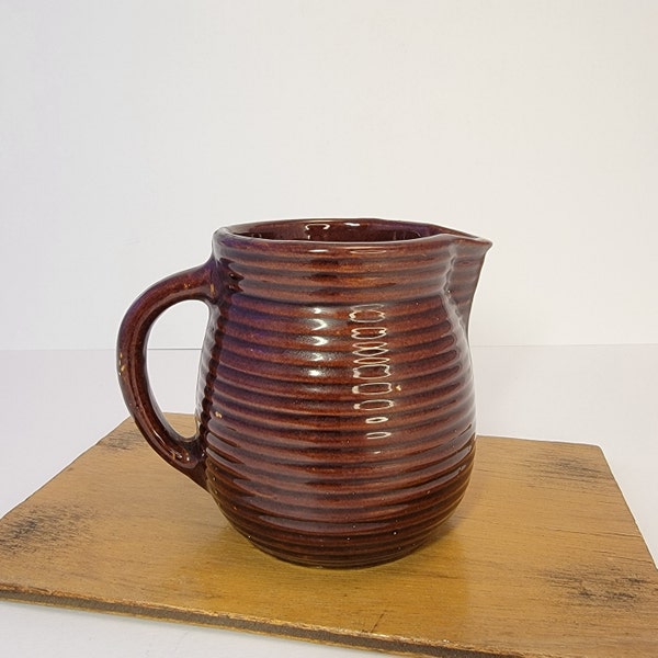 Western Stoneware-Monmouth Pottery Milk Pitcher Jug, Ribbed Beehive Design, Chocolate Brown Glaze, One Pint Cream Pitcher, Maple Leaf Mark