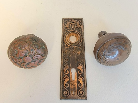 Antique Victorian Two Doorknobs/One Escutcheon with Keyhole, Metal Door Hardware, Copper Brass Bronze, Architectural Salvage