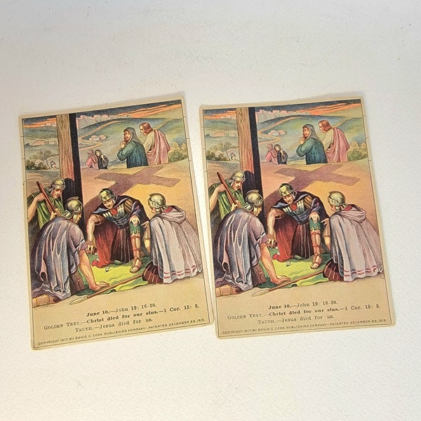 Antique Bible Lesson Picture Cards, Published April 1917, Two Colorful Bible Lithographs, Jesus Crucified, Good Friday, Religious Ephemera