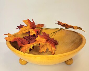 Vintage 1950s Wood Dough Bowl, 12 Inch Diameter, Scandinavian Design, 3 Ball Feet, Hand Turned, Maple Harvest Bowl, Unmarked Folk Art