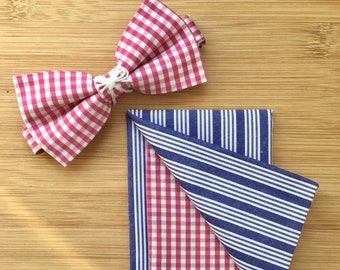 Pink gingham bow tie with matching reversible pocket square, pretied and add bow tie