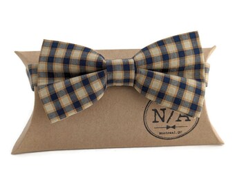 Navy blue and yellow checkered bow tie, men's adjustable bow tie