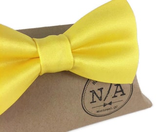 Bright yellow satin bow tie, pre tied, adjustable, men’s bow tie