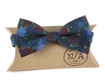 Blue floral bow tie, burgundy floral bow tie, pre tied, adjustable, men’s bow tie