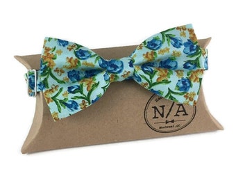 Blue floral bow tie, turquoise floral bow tie, floral bow tie, adjustable, pre-tied