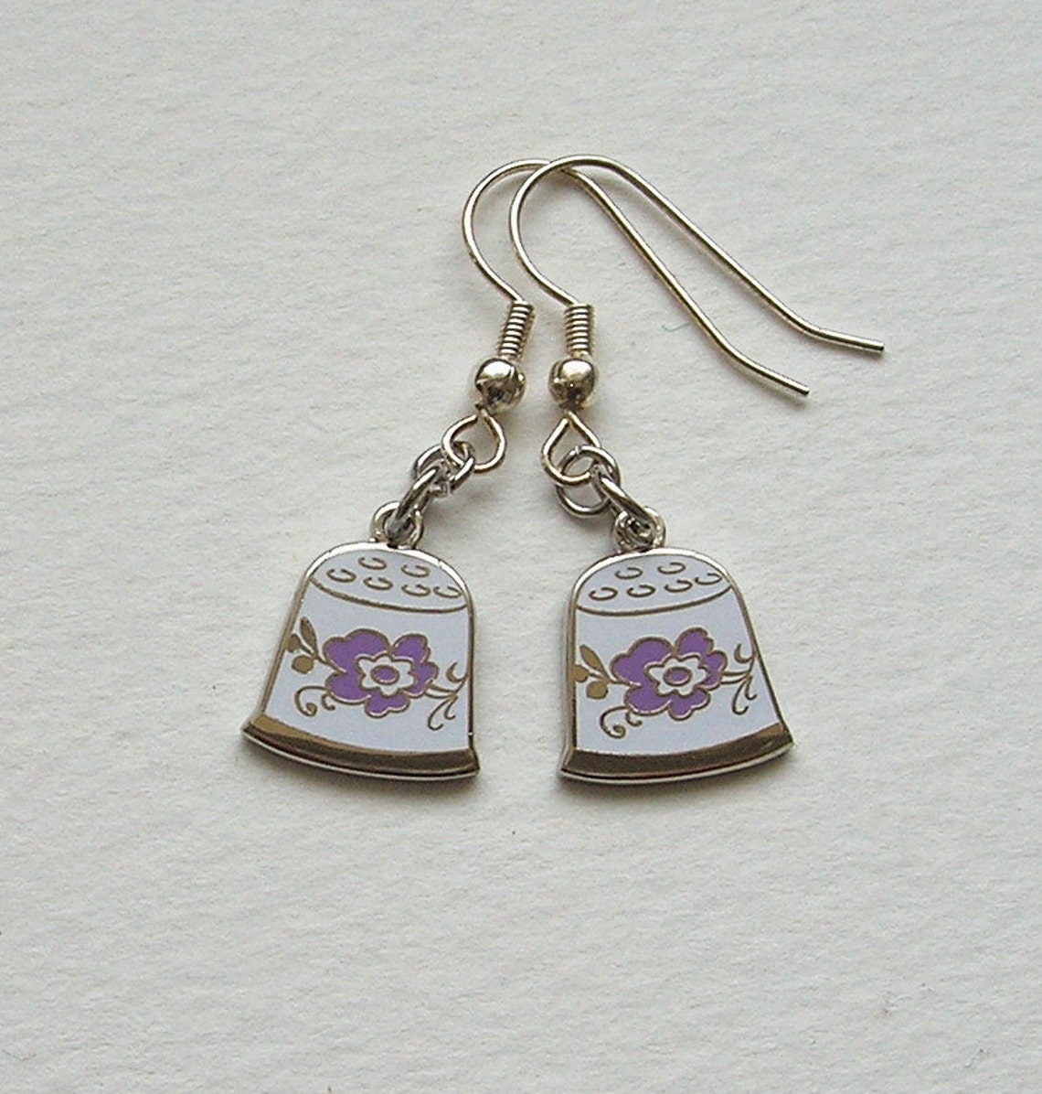 Thimble Earrings, Black, Purple, Flower, Charms, Hand Enameled, Sewing