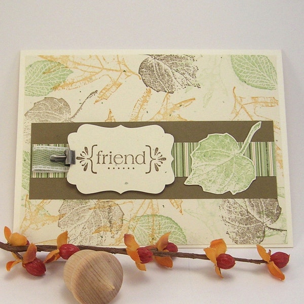 SALE! Friend Greeting Card, Handmade, Leaves, Autumn, Brown, Ochre, Green, Hand Stamped