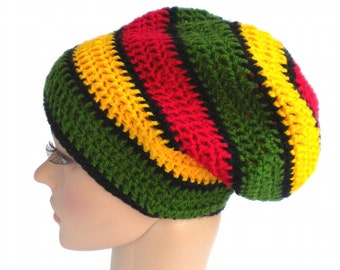 Rasta striped dreadlock hat, red gold green, big slouchy boho beanie, jamaica reggae accessories