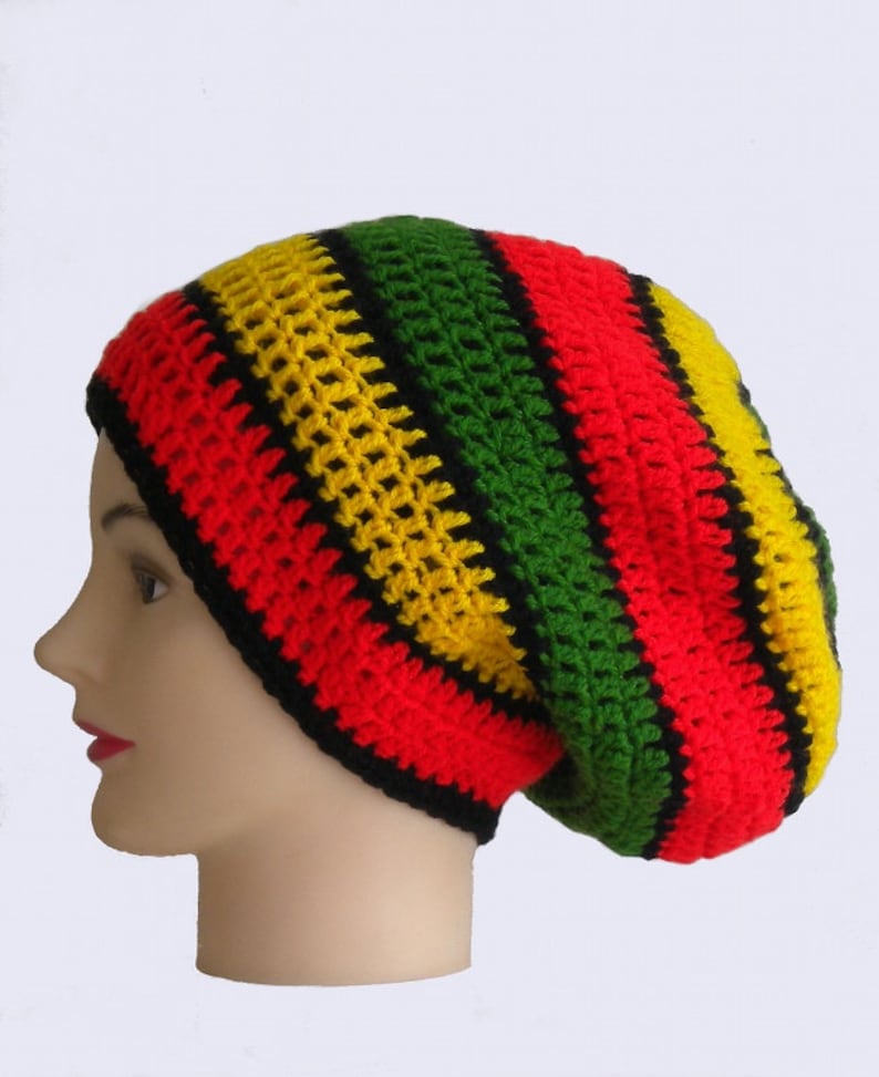 Rasta striped dreadlock hat, red gold green, big slouchy boho beanie, jamaica reggae accessories image 4