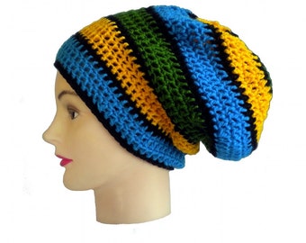 Striped dreadlock beanie, slouchy hat, Brazilian colors rasta hat, cultural ethnic hat