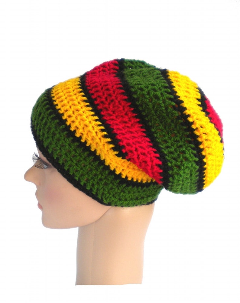 Rasta striped dreadlock hat, red gold green, big slouchy boho beanie, jamaica reggae accessories image 1