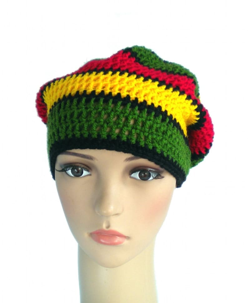 Rasta striped dreadlock hat, red gold green, big slouchy boho beanie, jamaica reggae accessories image 2