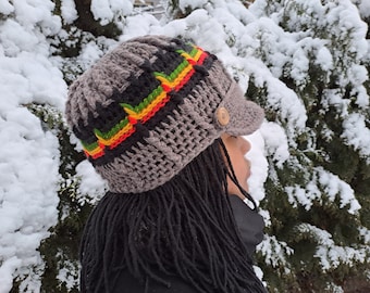 Brimmed beanie hat, Rasta newsboy cap, dreadlock beanie, hat with visor, rastafari beanie