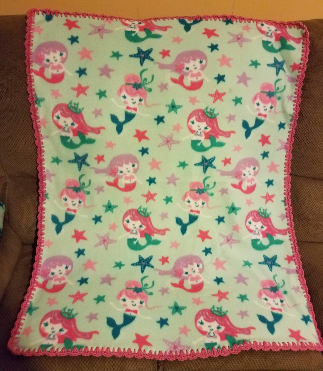 Mermaid Fleece Baby Blanket. Baby Girl Fleece Blanket With Mermaids and