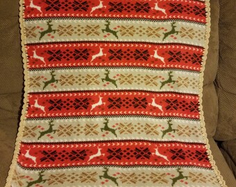 Baby's first Yule gift. Baby's first Christmas gift. Crochet Trim Fleece Blanket. Nordic baby deer blanket. Gender neutral baby gift.