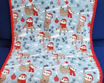 Christmas Sloth Print Fleece Baby Blanket. Winter fleece baby blanket. Baby's First Christmas gift. Winter baby gift. Yule baby gift.